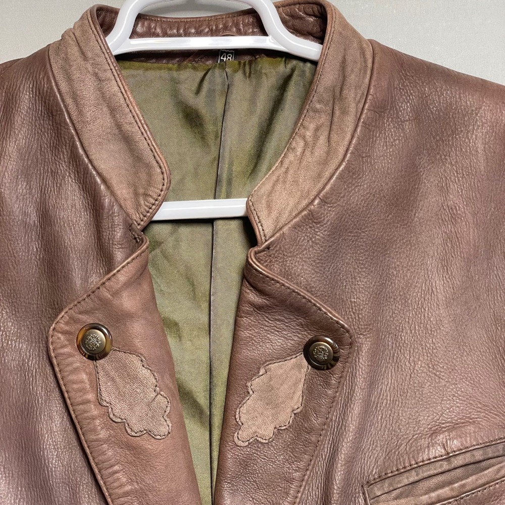 Vintage Bavarian Nappa Leather Janker Jacket 48 M Brown Trachten Austrian Crest - Picture 2 of 11